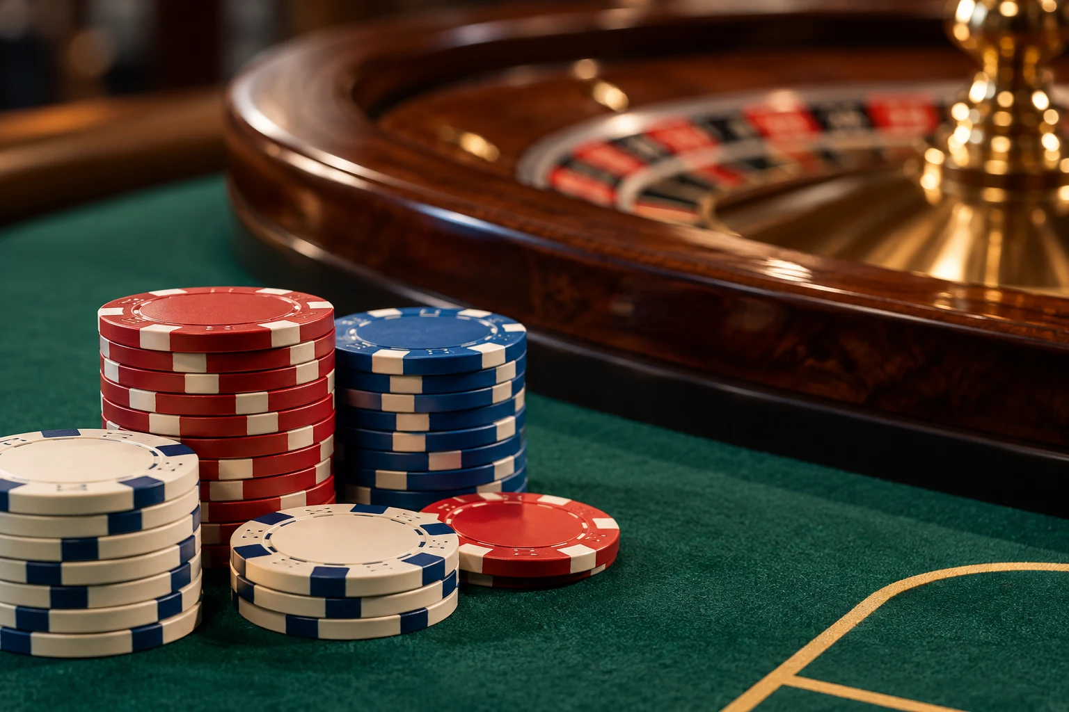 Casino chips on green roulette felt beside a wooden wheel