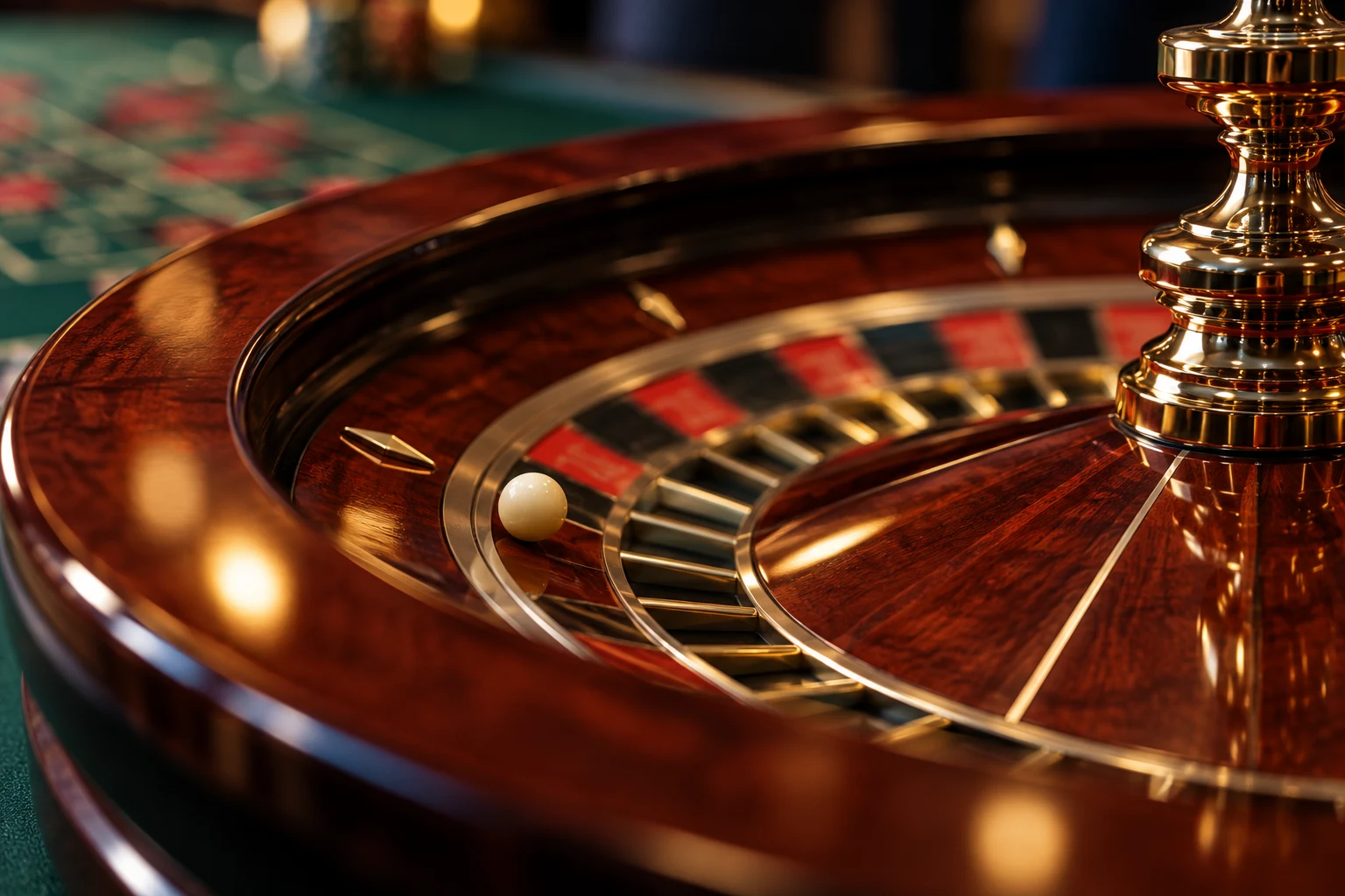 Polished wooden roulette wheel beside green casino felt