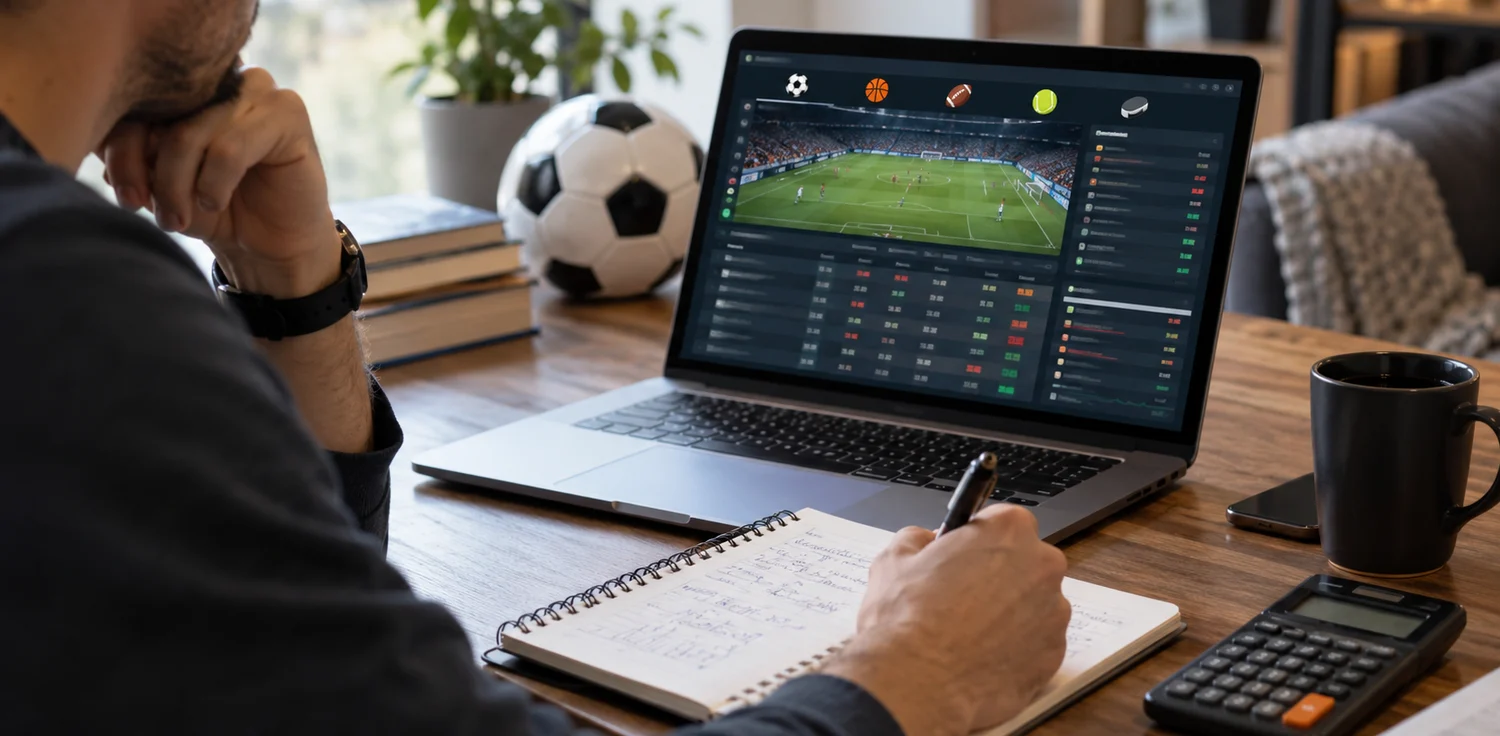 Canadian sports bettor studying hockey odds and match data at a home workspace