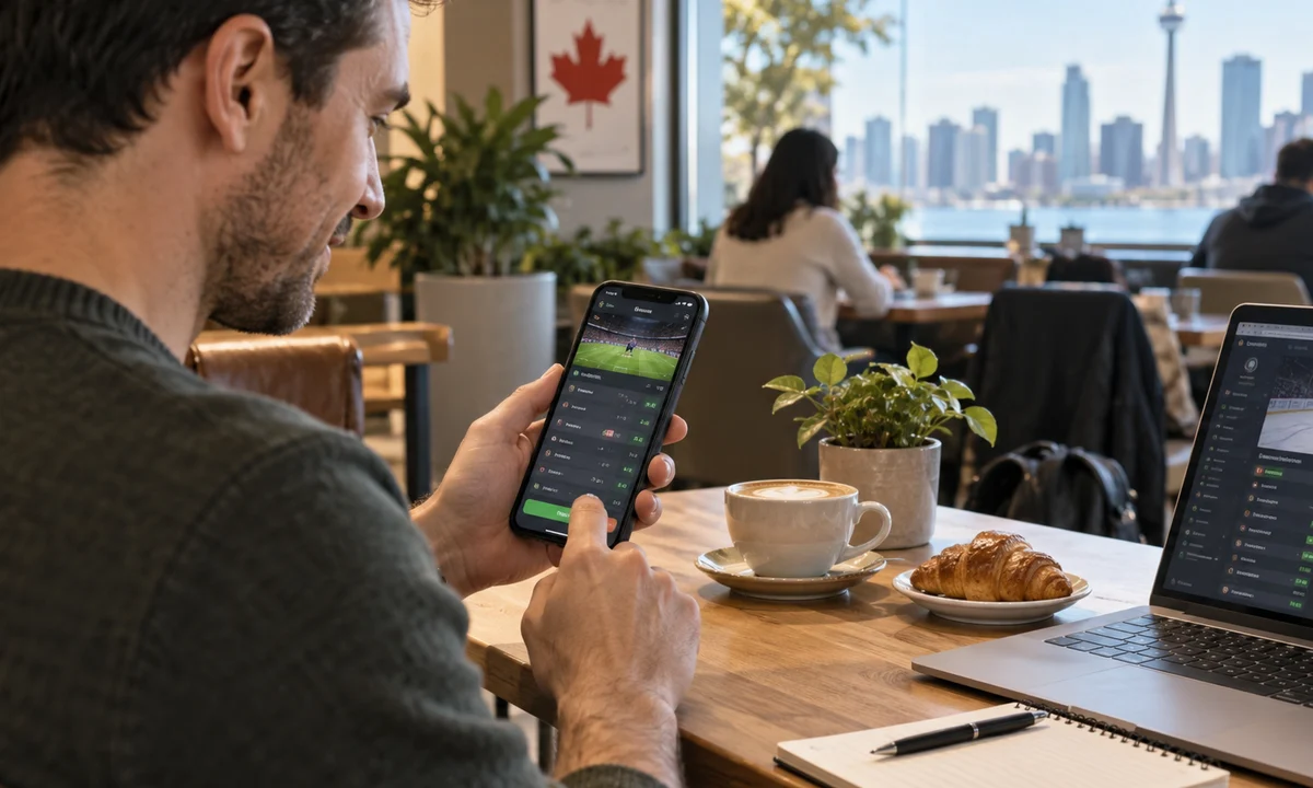 Canadian sports fan comparing live odds on a phone and laptop during a hockey game