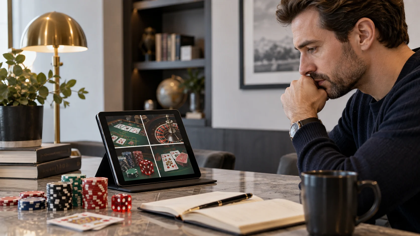 Player studying different online casino game categories from a home desk