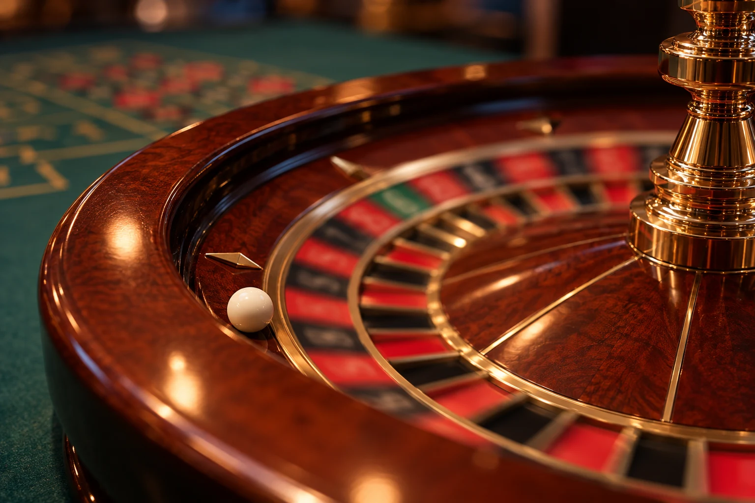 Polished wooden roulette wheel beside green casino felt
