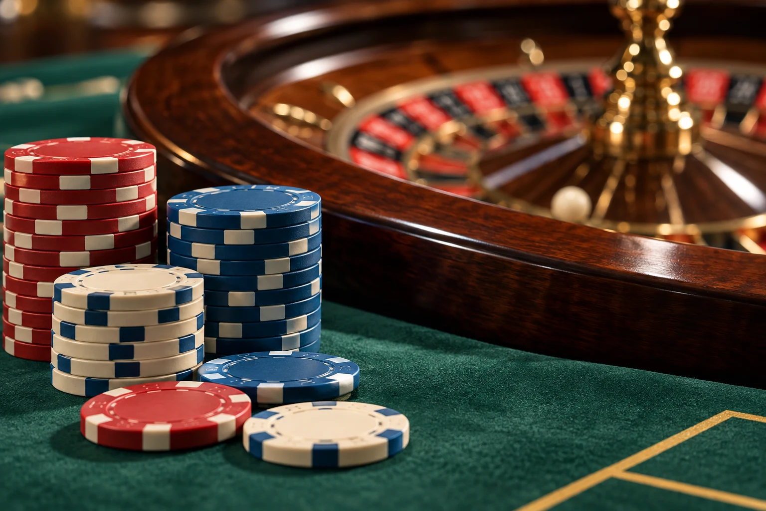 Casino chips on green roulette felt beside a wooden wheel
