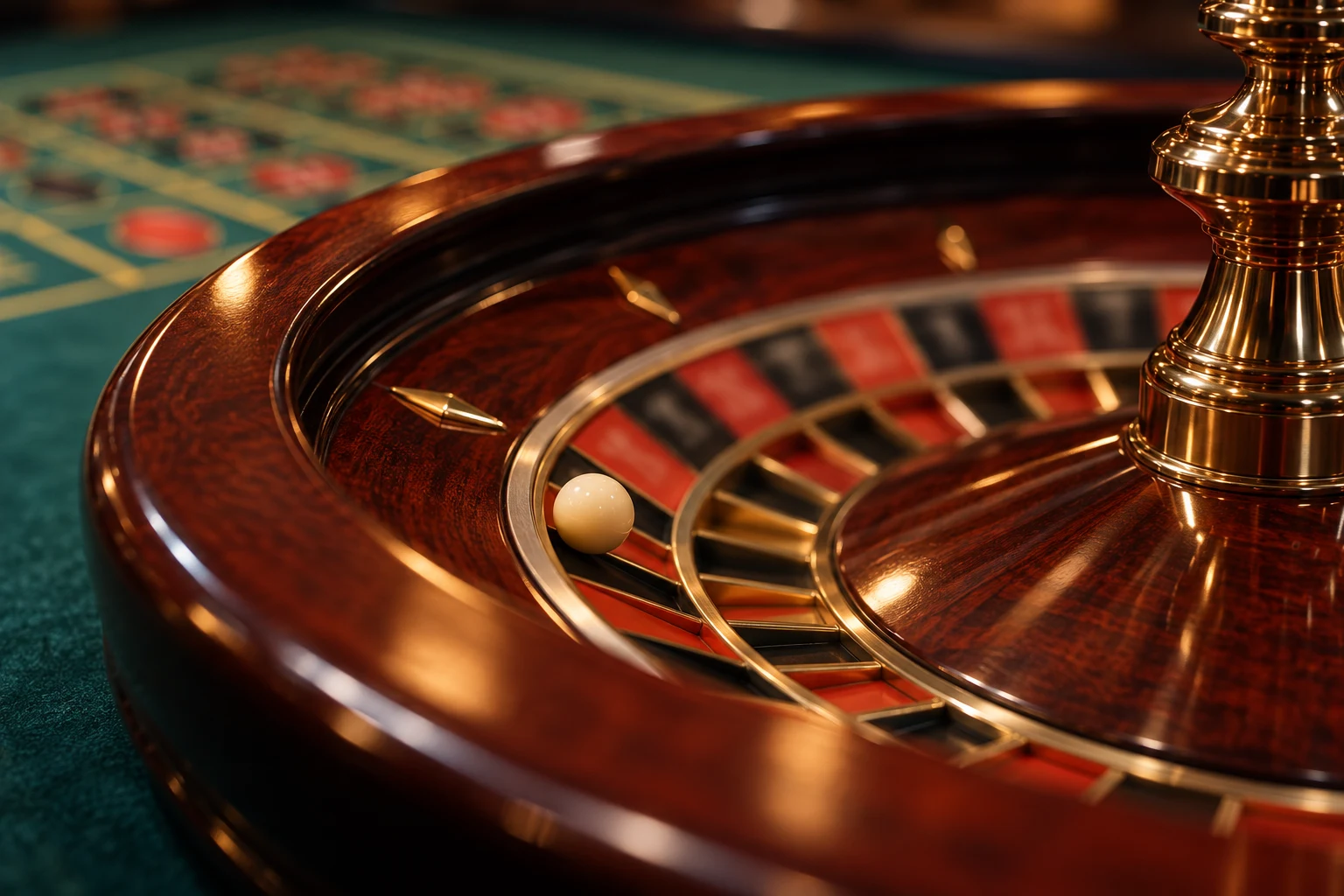 Polished wooden roulette wheel beside green casino felt
