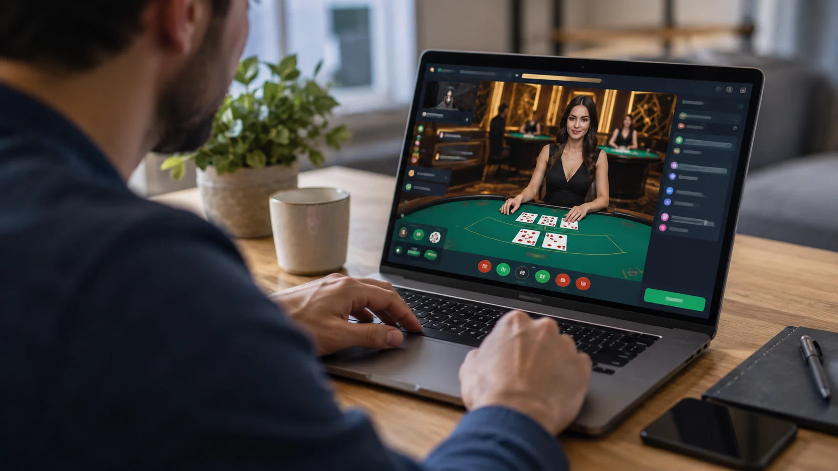 Expérience de casino avec croupier en direct sur un poste de travail dans une pièce chaleureuse