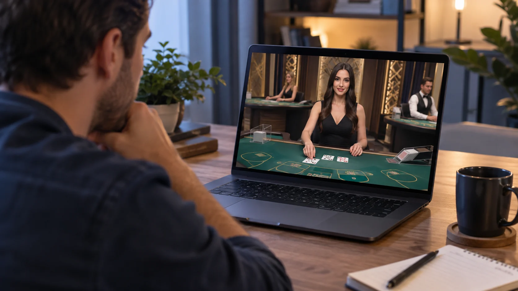 Joueur de casino en ligne profitant d'une séance avec croupier en direct à la maison en soirée