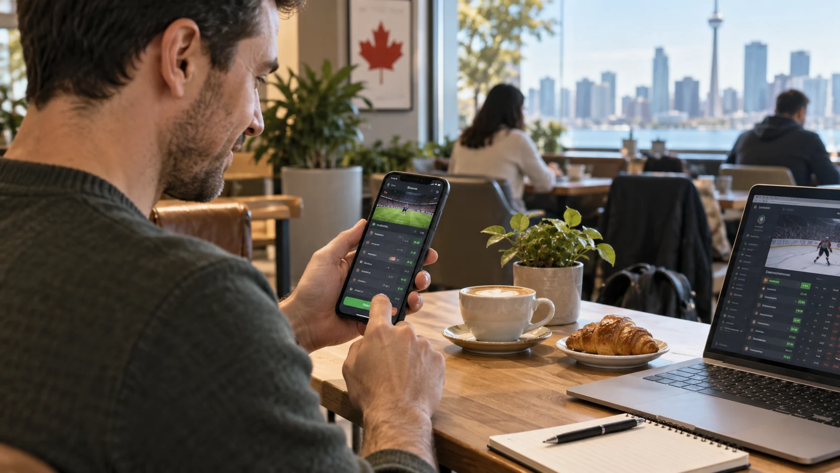 Canadian bettor using a mobile betting app in a café near a city skyline