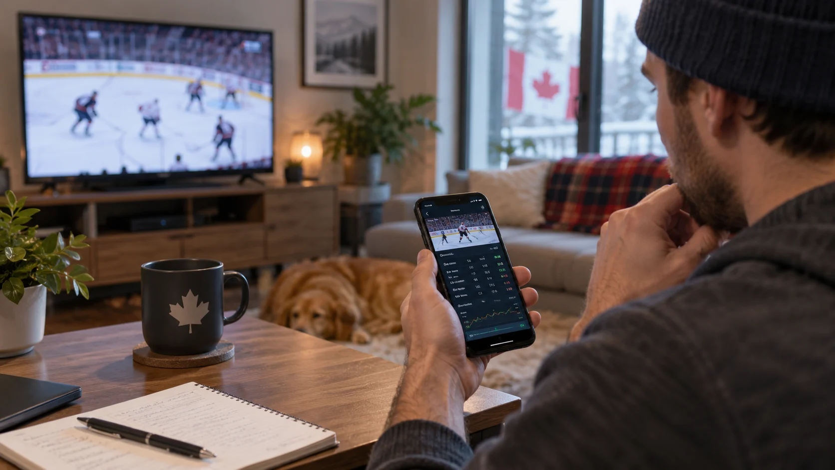 Canadian hockey fan reviewing NHL betting information on a phone while watching a game at home