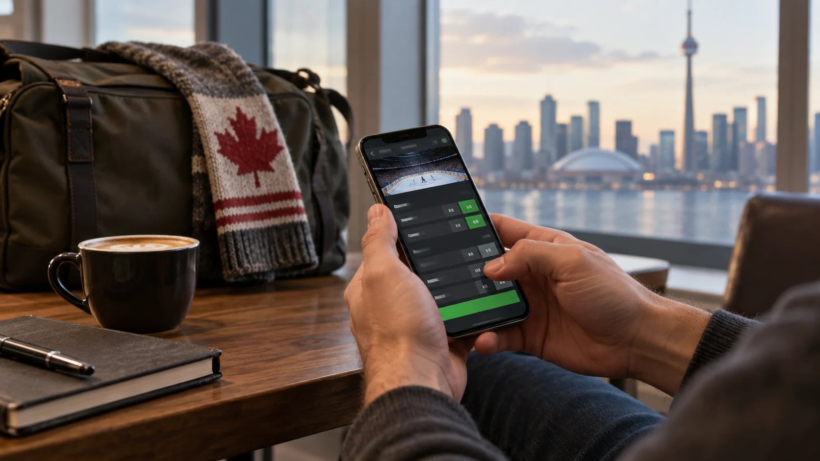 Canadian bettor checking hockey odds on a mobile app while travelling in Toronto