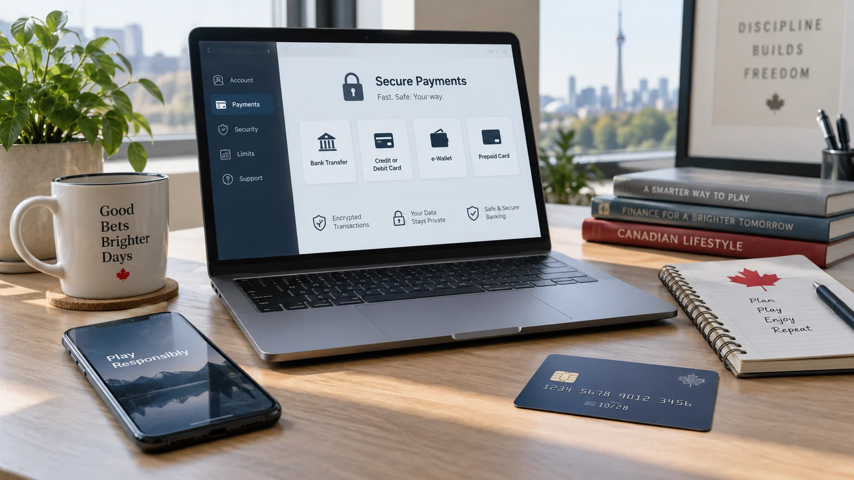 Secure online payment methods shown on a laptop beside a phone and bank card in a Canadian workspace
