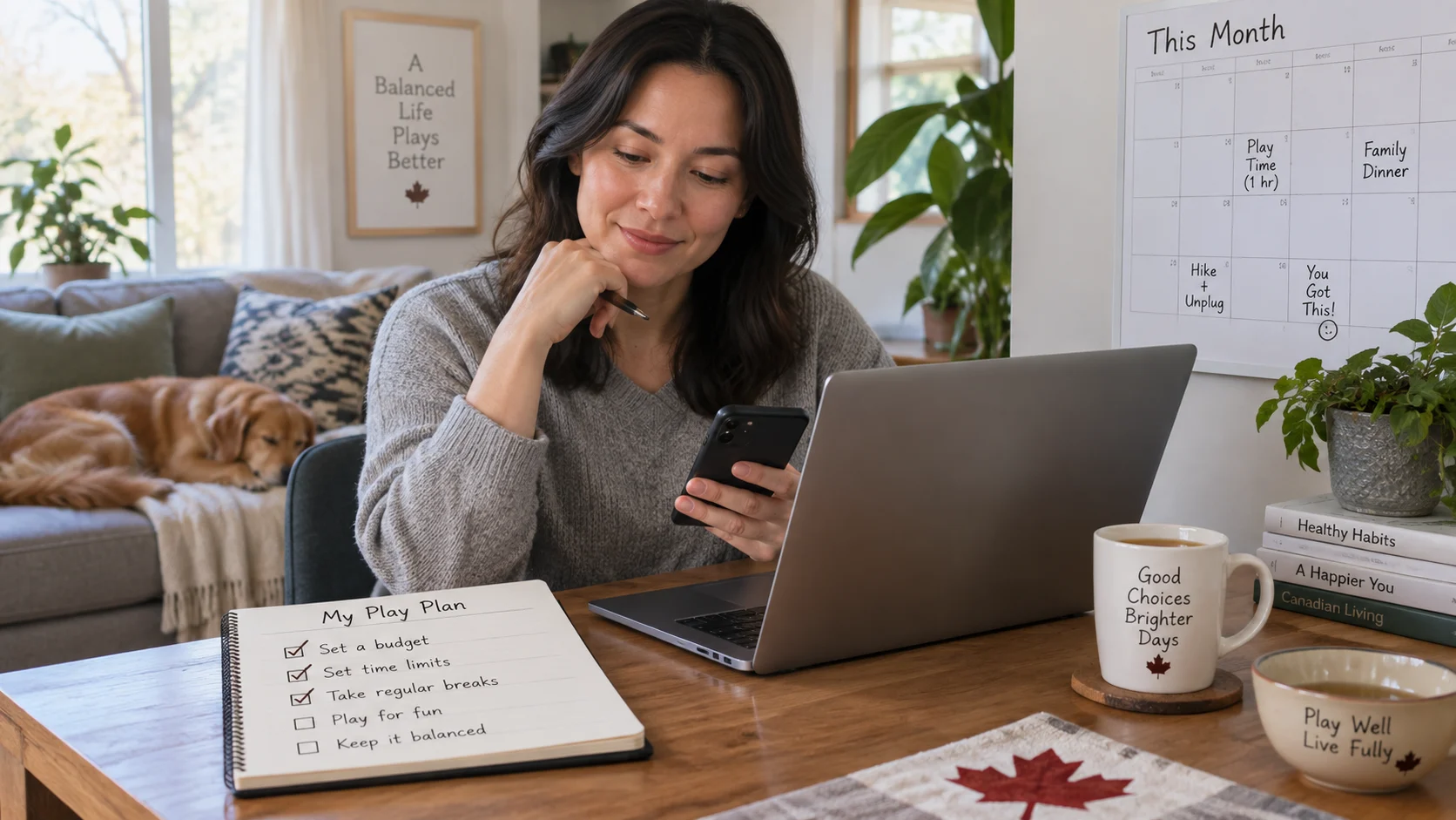 Canadian player calmly planning a balanced gambling budget in a bright home office