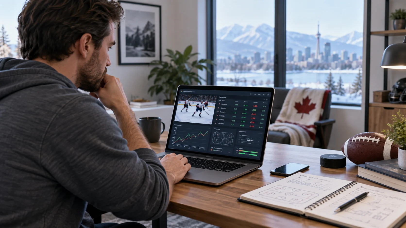 Sports fan reviewing several betting selections and odds in a comfortable home analysis setup