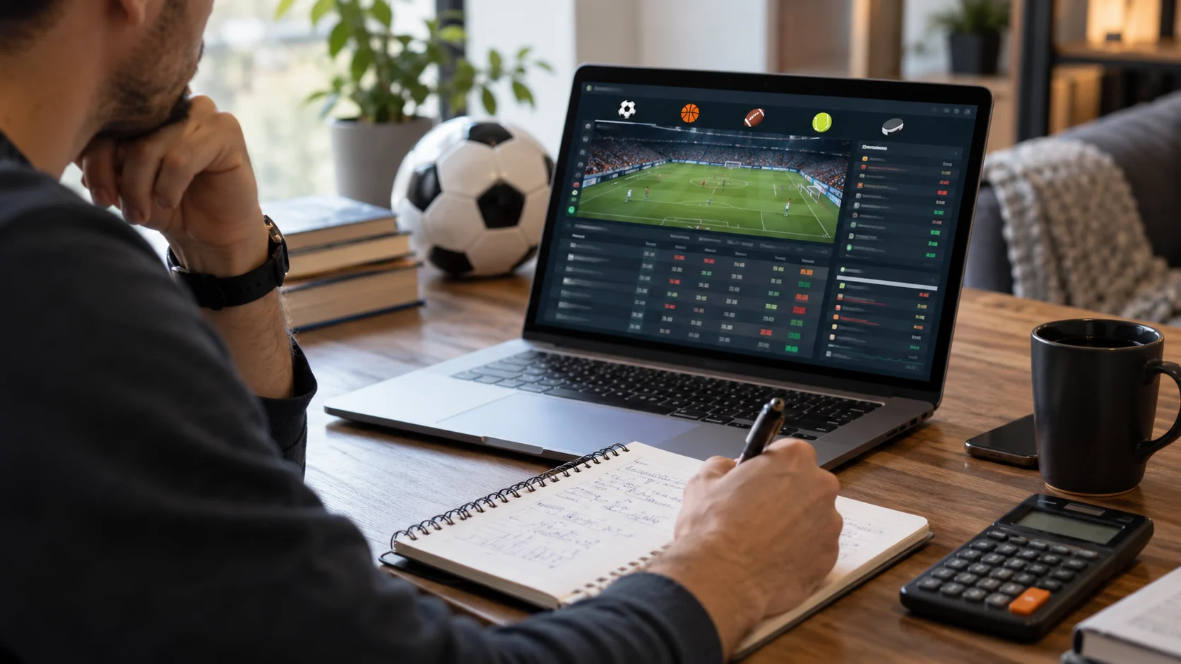 Soccer bettor studying match odds and a live football match on a laptop