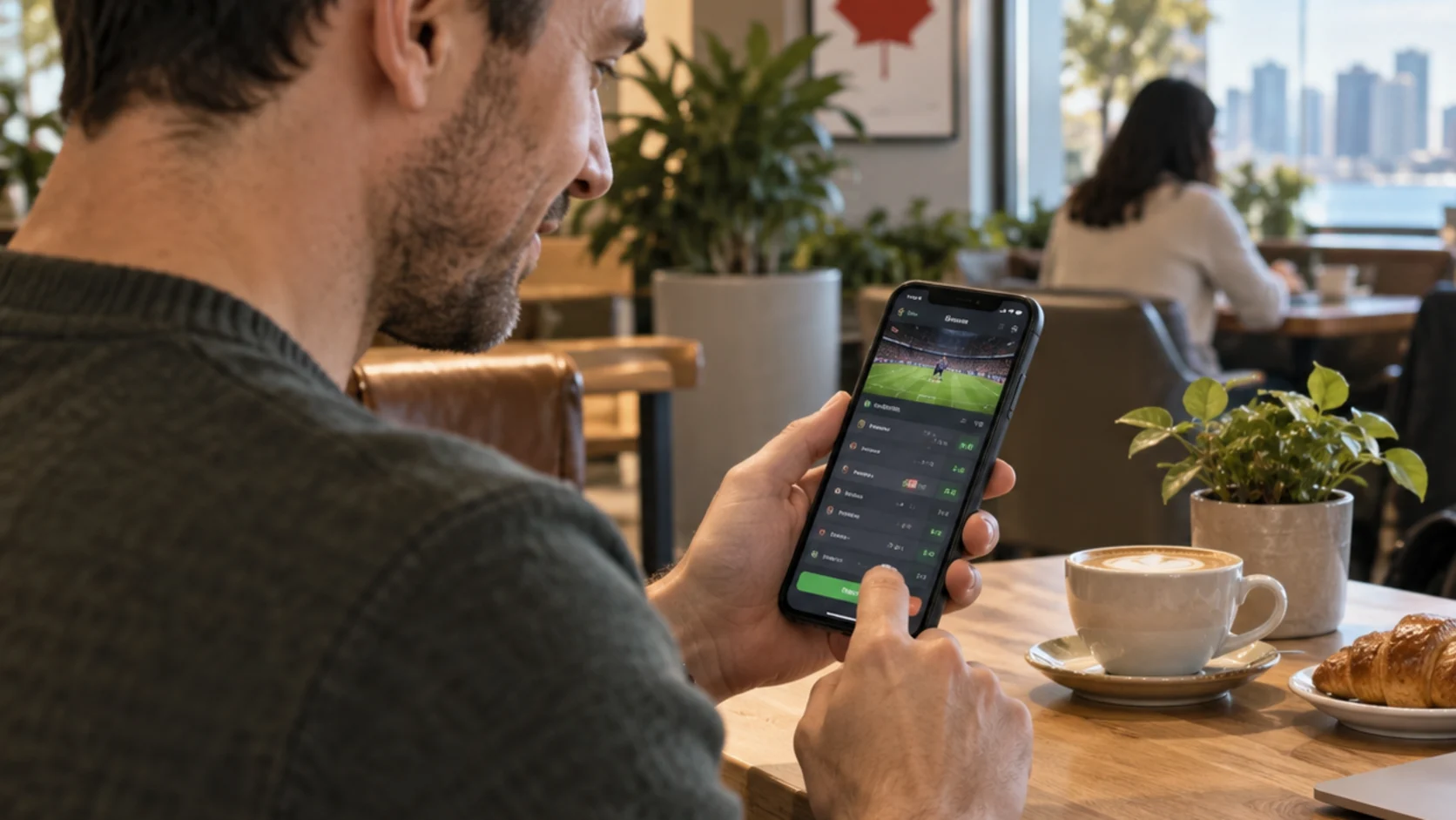 Canadian bettor checking soccer odds on a mobile phone in Toronto