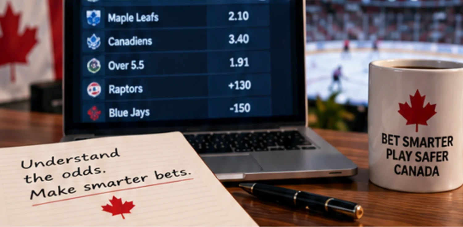Canadian sports-betting odds displayed on a laptop beside a maple leaf and notebook