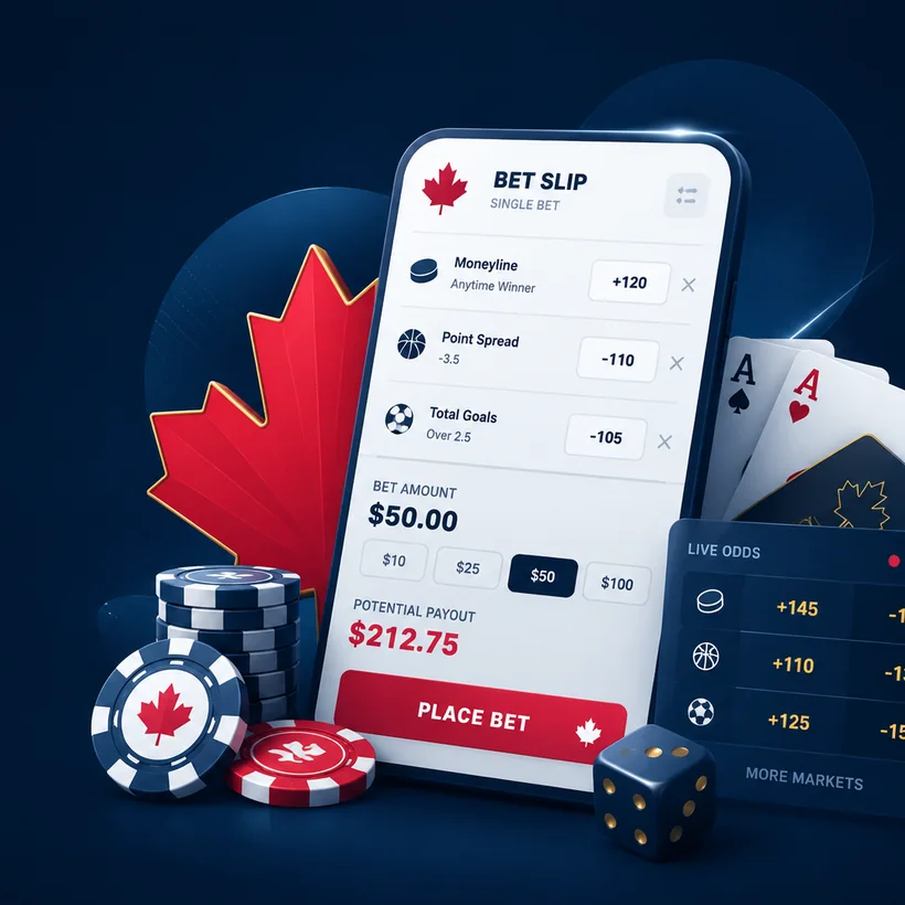 Canadian-style online betting design with a mobile bet slip, maple leaf branding, casino cards, chips, live odds, and betting interface elements