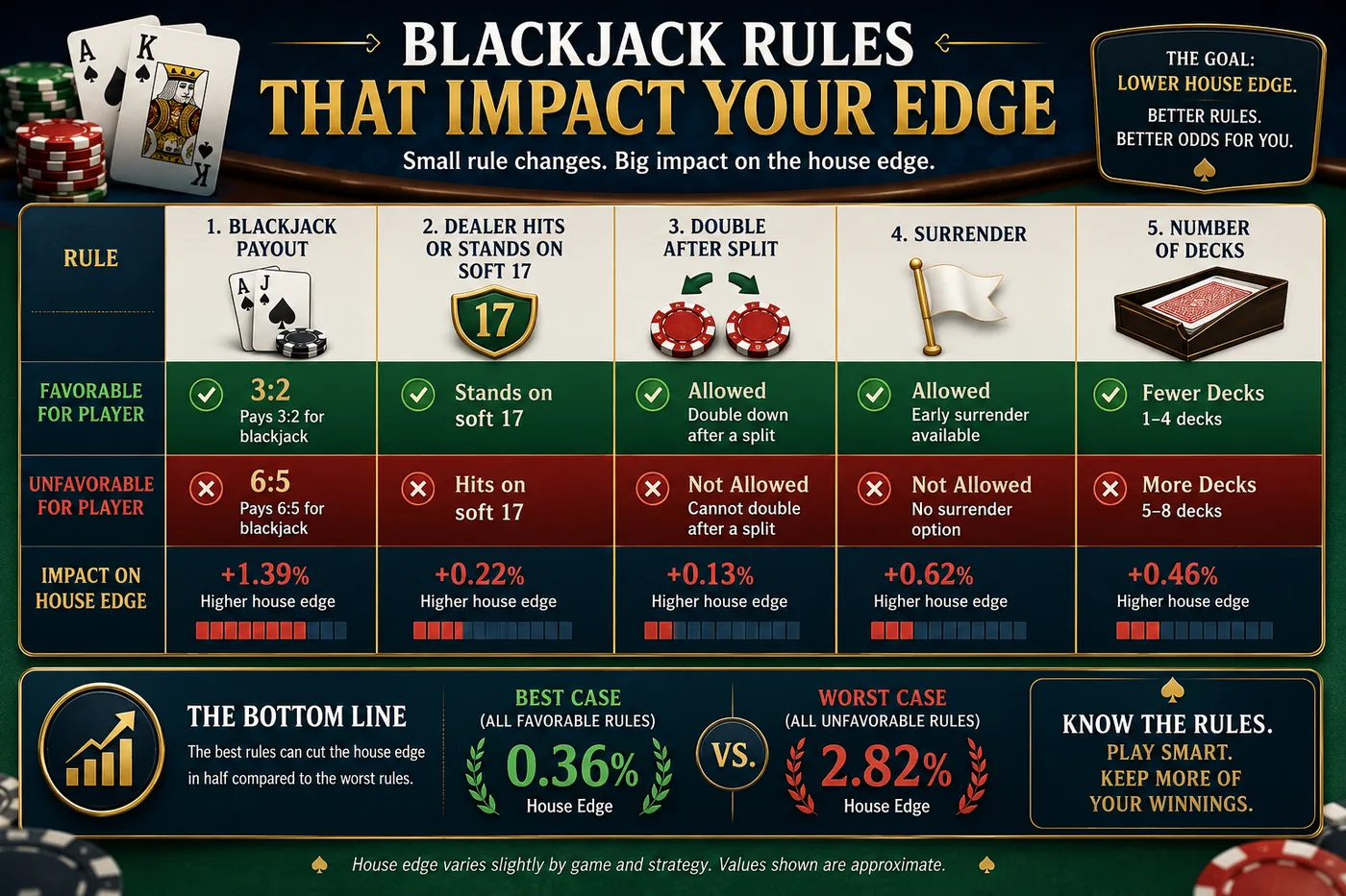 Infographic showing the blackjack rule variations that impact house edge most