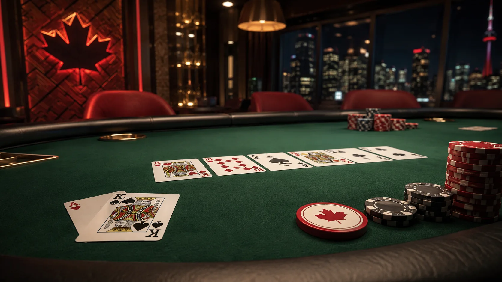 Premium poker strategy hero with cards, chips, and a luxurious poker room at night