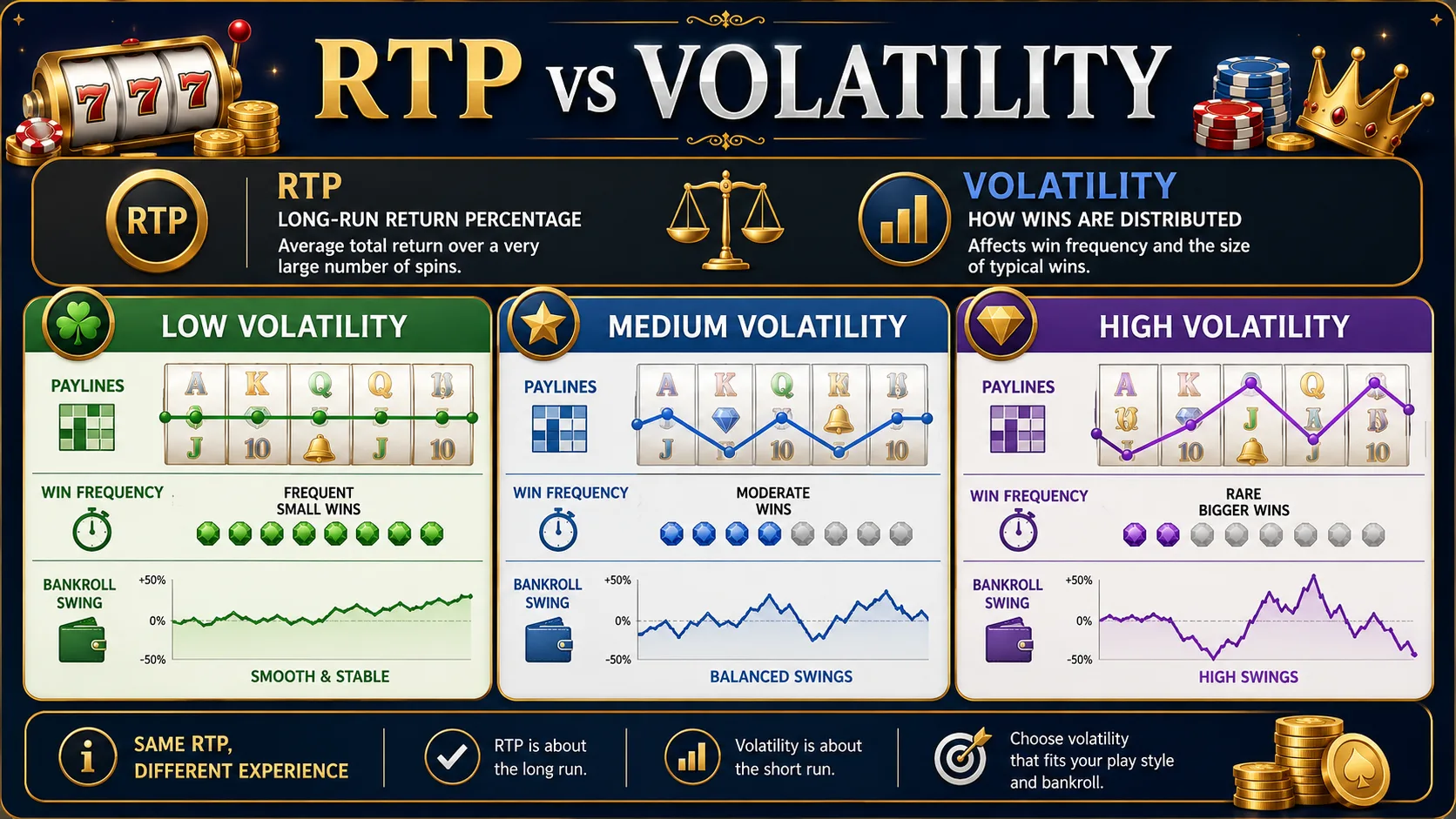 Infographic comparing low, medium, and high volatility slot session profiles